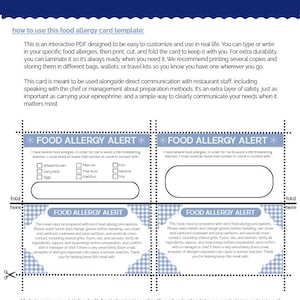 Può includere: Un modello di scheda per allergie alimentari stampabile con il testo "FOOD ALLERGY CARD TEMPLATE". La scheda include sezioni per elencare allergie specifiche e istruzioni per la manipolazione sicura degli alimenti. Progettato per essere personalizzato.