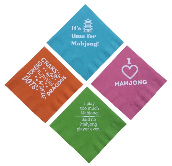 Mahjong Napkins Beverage Cocktail Size 20 Count Paper Multi Colored Pink Green Blue and Orange, Mahjong Gift for Women, Mah Jongg