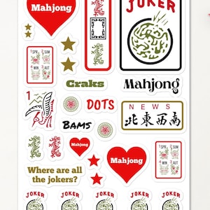Mahjong Stickers Scrapbooking Party Decoration Favors Joker Mah Jongg Mahjong Gift for Women 25+ Stickers on One Sheet, Water Bottle Sticker