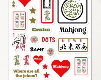 Mahjong Stickers Scrapbooking Party Decoration Favors Joker Mah Jongg Mahjong Gift for Women 25+ Stickers on One Sheet, Water Bottle Sticker