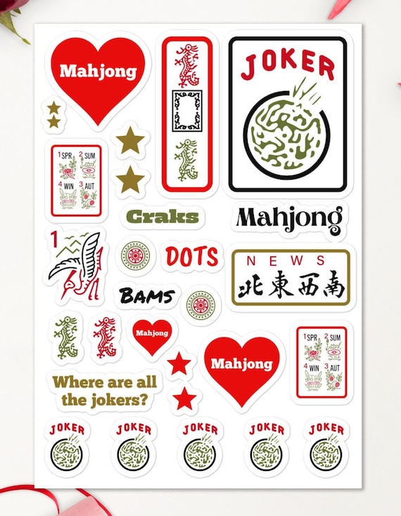 Mahjong Stickers Scrapbooking Party Decoration Favors Joker Mah Jongg Mahjong Gift for Women 25+ Stickers on One Sheet, Water Bottle Sticker