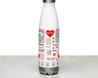 MAHJONG Gift for Women, Water Bottle Stainless Steel Sports Bottle 17 oz. Mah Jongg Double Walled Hydration Best Present Classic Game Prize