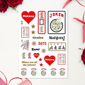 Mahjong Stickers Scrapbooking Party Decoration Favors Joker Mah Jongg Mahjong Gift for Women 25 Stickers on One Sheet, Water Bottle Sticker image 1