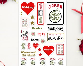 Mahjong Stickers Scrapbooking Party Decoration Favors Joker Mah Jongg Mahjong Gift for Women 25+ Stickers on One Sheet, Water Bottle Sticker