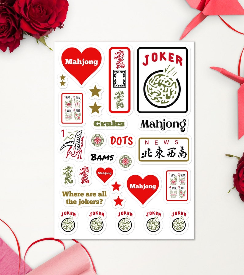 Mahjong Stickers Scrapbooking Party Decoration Favors Joker Mah Jongg Mahjong Gift for Women 25 Stickers on One Sheet, Water Bottle Sticker image 1