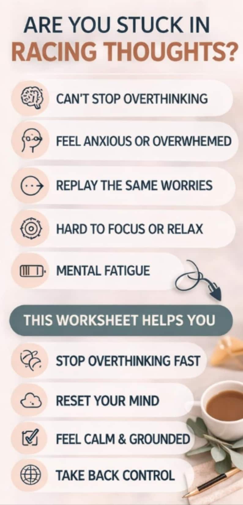 Stop Overthinking in 5 Minutes Worksheet | Racing Thoughts Reset ...