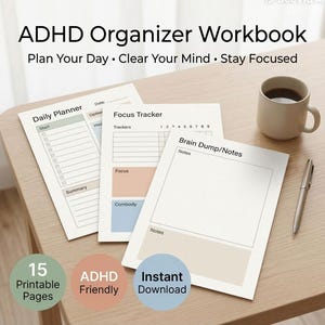 ADHD Organizer Workbook | Printable ADHD Planner | Focus Planner, Brain Dump, Habit Tracker, Weekly Planner | ADHD Productivity Tools