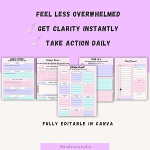 Può includere: Una raccolta di pagine di pianificazione stampabili in colori pastello, tra cui rosa, blu e viola. Le pagine presentano sezioni per la pianificazione giornaliera, i reset settimanali e i brain dump. Il testo include "Feel Less Overwhelmed", "Get Clarity Instantly" e "Take Action Daily."