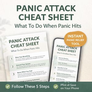 以下が含まれることがあります： 「パニック発作チートシート」の画像。テキストは「パニックが襲ってきたときにすること」。印刷されたシートと、同じ情報を表示する携帯電話が表示され、パニックを即座に緩和するツールを提供しています。ガイドには5つのステップが記載されています。