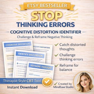 Cognitive Distortion Worksheet Printable | CBT Thought Reframing Exercise | Challenge Negative Thinking Patterns