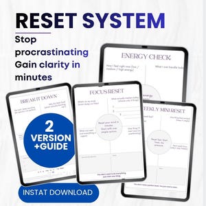 Può includere: Download digitale del "Productivity Reset System" con fogli di lavoro per controlli energetici, reset di messa a fuoco e mini reset settimanali. L'immagine include il testo "Stop procrastinating, Gain clarity in minutes."