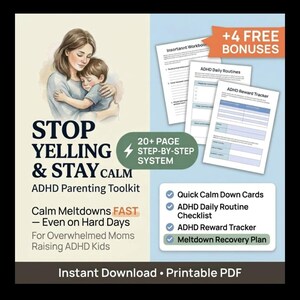 ADHD Parenting Toolkit Printable | ADHD Kids Routine Chart & Reward Tracker | Calm Down Cards | ADHD Mom Planner | Meltdown Recovery Plan |