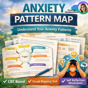 Può includere: Mappa dei modelli di ansia con il testo "Comprendi i tuoi modelli di ansia". L'immagine include un diagramma con la parola "Trigger" al centro, circondato da sezioni etichettate come "Triggering", "Entonation", "Responses", "Trigger Sesugets" e "Pod Respons". Una penna è appoggiata sul diagramma.