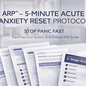 May include: A collection of printed documents featuring the text "ARP - 5-MINUTE ACUTE ANXIETY RESET PROTOCOL" and "STOP PANIC FAST". The documents are white with black text and a blue header. The image is a PDF guide for rapid nervous system stabilisation.
