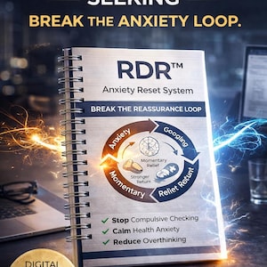 May include: A spiral-bound workbook titled "RDR Anxiety Reset System" with the text "Stop Reassurance Seeking, Break the Anxiety Loop." The cover features a diagram illustrating the anxiety cycle. The workbook is a digital PDF guide with instant download.
