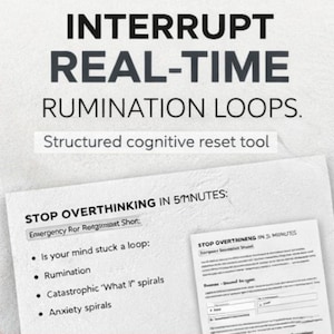Può includere: Immagine di un foglio bianco con il testo "STOP OVERTHINKING IN 5 MINUTES" e un elenco di problemi. Il titolo recita "INTERRUPT REAL-TIME RUMINATION LOOPS." Il testo dice anche "Structured cognitive reset tool."