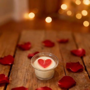 Peut inclure: Une petite bougie dans un support en verre transparent avec un motif de cire en forme de cœur rouge. La bougie est posée sur une surface en bois rustique, entourée de pétales de rose rouges éparpillés. Des lumières douces et floues sont en arrière-plan.