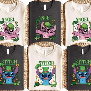 Camiseta retro de Disney Stitch con ángel a cuadros circulares, camiseta de pareja de Stitch con ángel, camiseta de regalo de Disney, camiseta para viaje familiar a Disneyland imagen 1