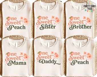 Verjaardagsshirt One Sweet Peach, outfit 1e verjaardag, verjaardagsfeestje perzik, 1e verjaardag perzik, bijpassende familieverjaardag
