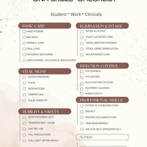 Pode incluir: Uma lista de verificação de habilidades de auxiliar de enfermagem com seções para cuidados básicos, sinais vitais, mobilidade e segurança, eliminação e ingestão, controle de infecção e habilidades profissionais. Inclui caixas de seleção para tarefas como higiene das mãos e comunicação com o paciente.