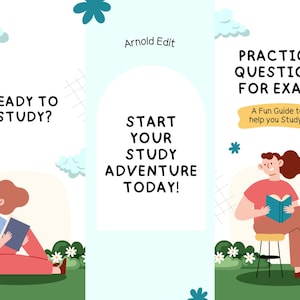 Può includere: Un colorato opuscolo educativo con il testo "Pronto per studiare?" e "Inizia la tua avventura di studio oggi!" L'opuscolo include anche il testo "Domande di pratica per gli esami: Una guida divertente per aiutarti a studiare!" e illustrazioni di persone che leggono.