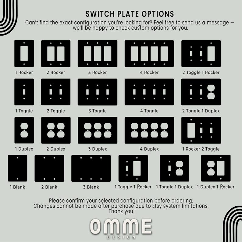 May include: Black switch plate options with various configurations, including 1 to 4 rockers, toggles, and duplex outlets. The image also shows blank plates and combinations. Text on the image reads "SWITCH PLATE OPTIONS" and other details.