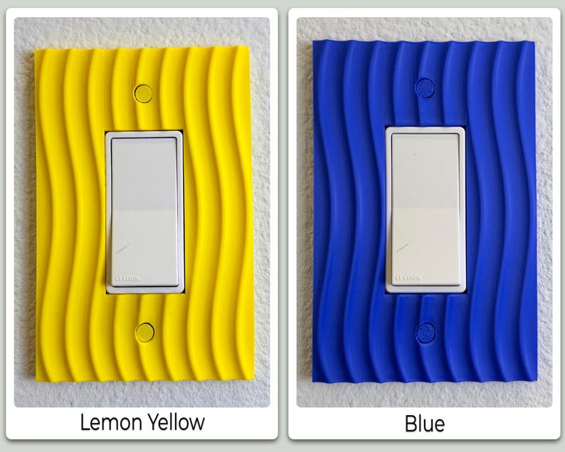 May include: Two light switch covers, one lemon yellow and one blue, each with a wavy, textured design. The switches are white. The yellow cover is labeled "Lemon Yellow" and the blue cover is labeled "Blue".