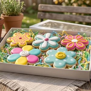 Puede incluir: Una caja blanca llena de seis galletas con forma de flor, cada una con glaseado colorido. Las galletas están decoradas con glaseado amarillo, rosa, azul y blanco. La caja está sobre una mesa de madera.