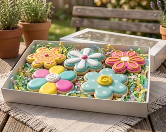 Spring Flower Sugar Cookies | Pastel Decorated Gift Box, Floral Bakery Treats