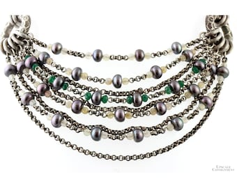 Stephen Dweck Multi-Strand Sterling Silver Necklace with Gray Pearls & Gemstones - 16 in