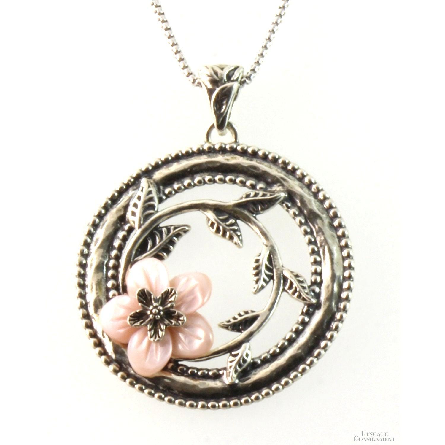 Sterling Silver Carved Mother of Pearl Flower Necklace - 18" Long Box ...