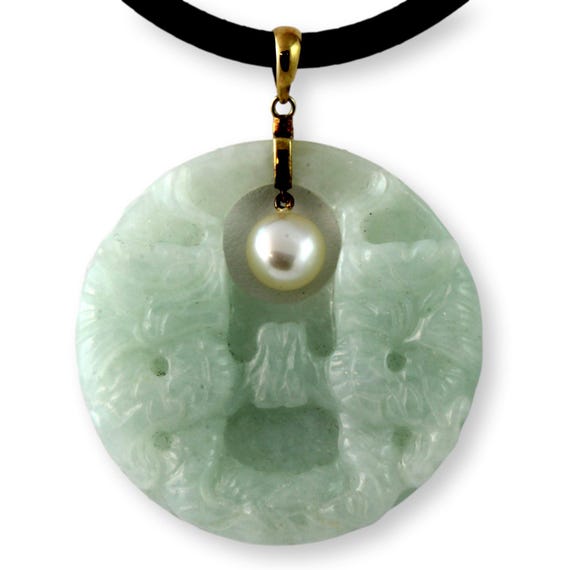 Light Green Jadeite Jade Pearl 14K Carved Botanical Pendant
