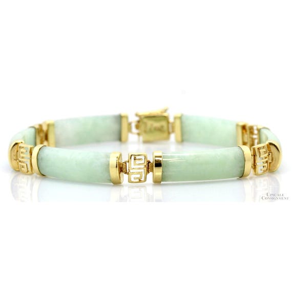 14K Gold & Light Green Jadeite Jade Link Bracelet - Vintage 14.32 Grams, Size 7