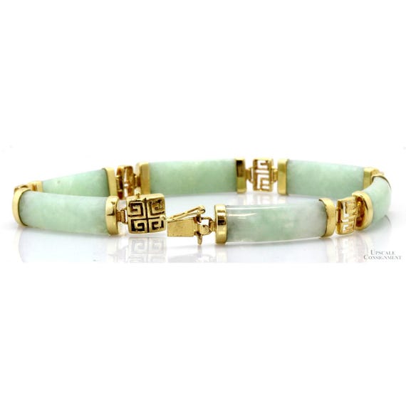 14K Gold & Light Green Jadeite Jade Link Bracelet - Vintage 14.32 Grams, Size 7 View 2
