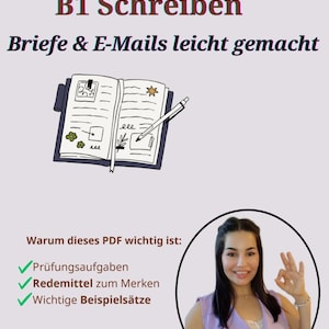 May include: An advertisement for a German language learning resource. The image includes German text such as "B1 Prüfung" and "B1 Schreiben." An illustration of an open notebook with a pen is also present, along with a woman.