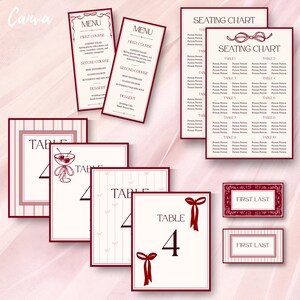 May include: A collection of wedding stationery with a red and white color scheme. The set includes menus, seating charts, and table number cards. The table cards feature the number 4 and decorative bows. The menus list courses. The text "First Last" is on the place cards.