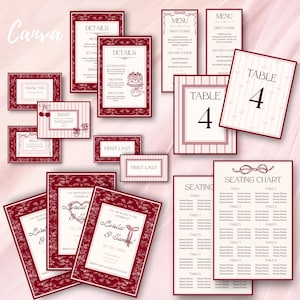 May include: A collection of burgundy and cream wedding stationery, including invitations, menus, table cards, and seating charts. The designs feature decorative frames, floral accents, and the text "Canva".