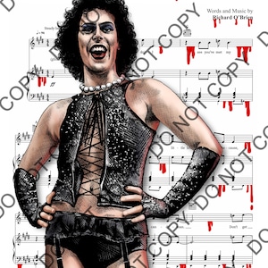 May include: A digital illustration of a character with dark curly hair wearing a black sequined corset, matching gloves, and a pearl necklace, set against a background of sheet music for Sweet Transvestite with red blood-like drips.