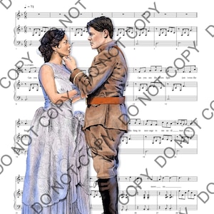 May include: Sheet music for "My Green Light" from The Great Gatsby. The image features a watercolor illustration of a man and woman in period clothing, set against a backdrop of musical notes. The title is at the top.
