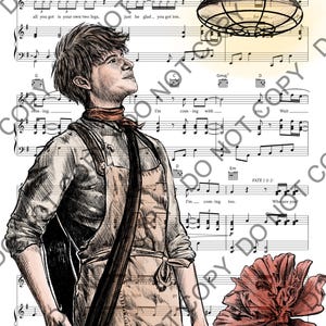 Op de afbeelding: Artistieke illustratie met een persoon die omhoog kijkt, tegen een achtergrond van bladmuziek. De persoon draagt een schort en een rode sjaal. Een grote rode bloem en een hanglamp zijn ook afgebeeld.