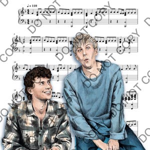 May include: Illustration of two people in front of sheet music. The text "TERRIBLE Influence" and "Dan and Phil" are at the top. One person is wearing a plaid shirt, and the other is wearing a blue long-sleeve shirt. The sheet music has musical notes.