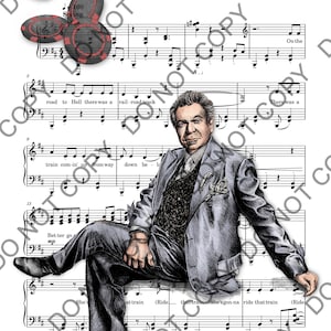 Pode incluir: Ilustração de um homem de terno cinza sentado em partituras. O texto "Way Down Hadestown" está no topo. Fichas de pôquer no canto superior esquerdo. Tema musical.