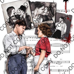 Può includere: Un poster intitolato THIS WORLD WILL REMEMBER US BONNIE AND CLYDE con un'illustrazione centrale di una coppia che si tiene per mano sopra uno spartito, circondata da vignette in bianco e nero della coppia, con accenti di schizzi di sangue rosso.