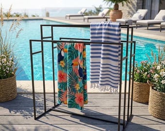 Minimalist Freestanding Metal Towel Rack | Modern Industrial Poolside Towel Stand | Outdoor | Bathroom Organizer