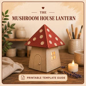 Könnte beinhalten: Eine Pilzhaus-Laterne aus Keramik mit einem roten, gepunkteten Dach und einem beigen Sockel mit kleiner Tür und Fenster. Der Text THE MUSHROOM HOUSE LANTERN und PRINTABLE TEMPLATE GUIDE ist zu sehen, ergänzt durch ein Teelicht.
