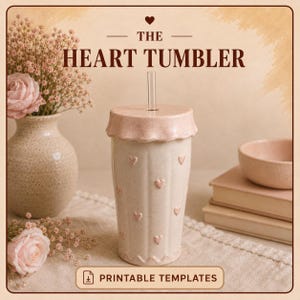 May include: A beige tumbler with a ruffled lid and a clear straw, featuring a vertical ribbed texture and small pink heart accents. The text THE HEART TUMBLER and PRINTABLE TEMPLATES are displayed in dark brown lettering on the image.