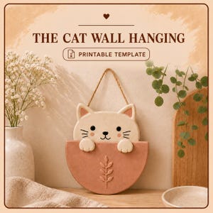 May include: A wall hanging featuring a cream-coloured cat head with black eyes, whiskers, and pink cheeks, peeking out of a semi-circular terracotta-coloured pocket with a leaf design. The text reads THE CAT WALL HANGING PRINTABLE TEMPLATE.