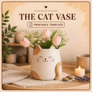 May include: A cream-colored ceramic vase shaped like a cat with brown patches, a curved tail, and a smiling face. The text THE CAT VASE PRINTABLE TEMPLATE is displayed above. The vase holds a bouquet of pink tulips and small white flowers.