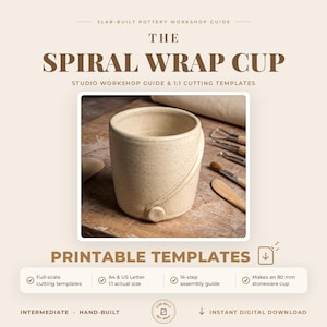 Peut inclure: Un guide numérique intitulé The Spiral Wrap Cup, présentant une tasse en céramique crème mouchetée avec un motif en spirale. Le guide comprend des modèles imprimables, un guide d'assemblage en 16 étapes pour une tasse en grès de 80 mm.