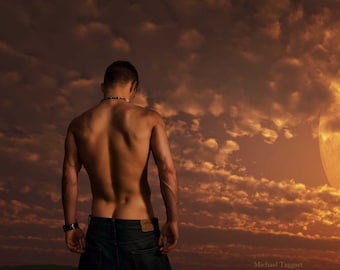 Goodbye Summer Gay Art Male Art Photo Print by Michael Taggart Photography shirtless blue jeans sky clouds muscular back strong sag sagging